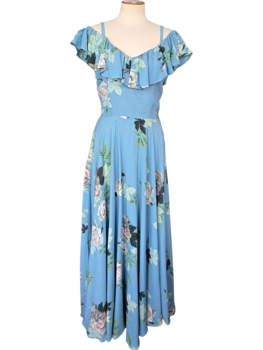 Trashy Diva Blue Floral Maxi Dress with Ruffle Off-Shoulder